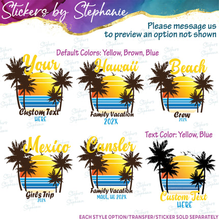 (s06-040) Palm Tree Sunset Custom Text Iron-On Transfer or Sticker