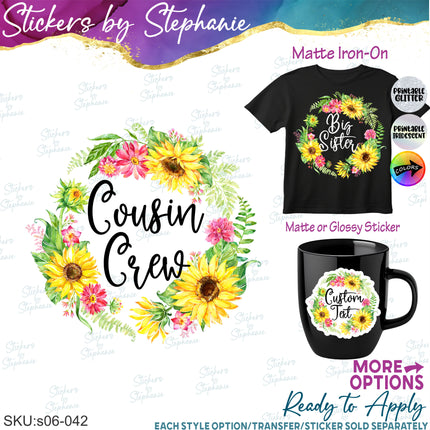 (s06-042) Sunflower Wreath Custom Text Iron-On Transfer or Sticker