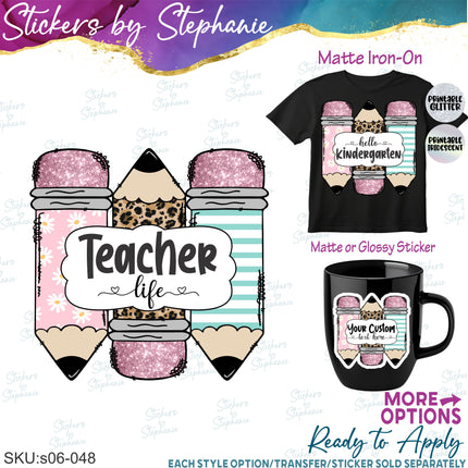 (s06-048) Floral Pencils Student Teacher Name Grade Custom Iron-On Transfer or Sticker