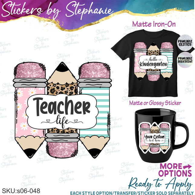 (s06-048) Floral Pencils Student Teacher Name Grade Custom Iron-On Transfer or Sticker