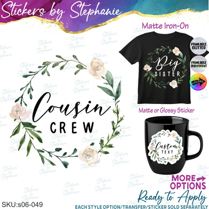 (s06-049) White Rose Floral Wreath Custom Iron-On Transfer or Sticker