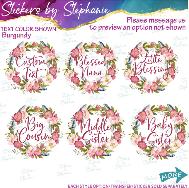 (s06-005) Rose Floral Wreath Custom Text Iron-On Transfer or Sticker