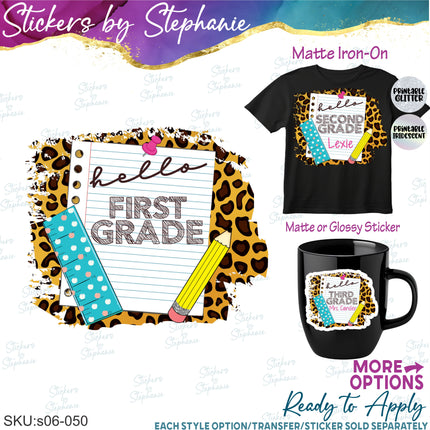 (s06-050) Leopard School Hello Grade Student Teacher Name Custom Iron-On Transfer or Sticker
