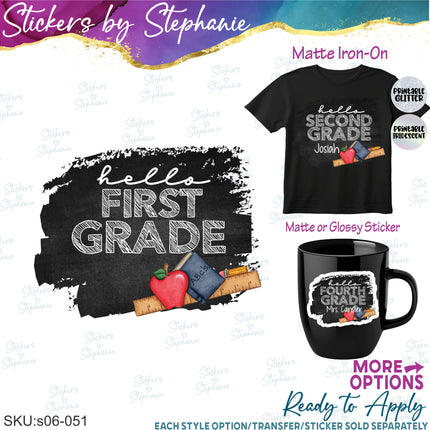 (s06-051) Blackboard Hello Grade Student Teacher Name Custom Iron-On Transfer or Sticker