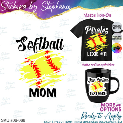 (s06-068) Softball Grunge Team Name Text Custom Iron-On Transfer or Sticker