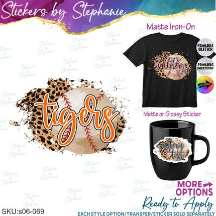(s06-069) Baseball Leopard Team Name Text Custom Iron-On Transfer or Sticker