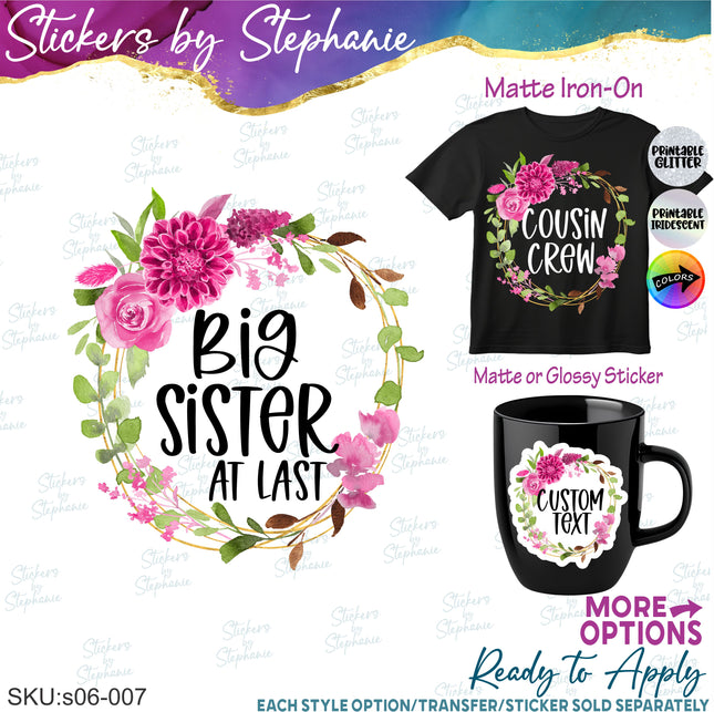 (s06-007) Dahlia Wreath Floral Custom Text Iron-On Transfer or Sticker