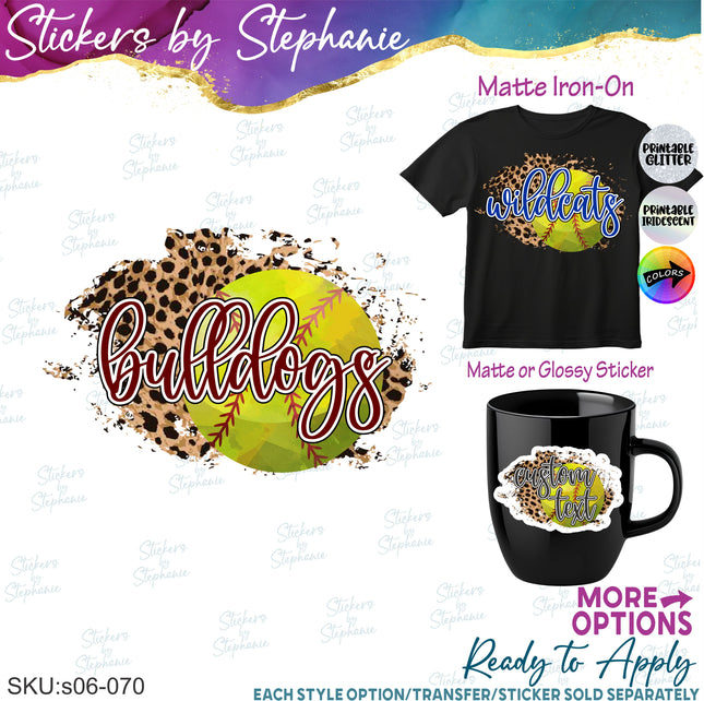 (s06-070) Softball Leopard Team Name Text Custom Iron-On Transfer or Sticker