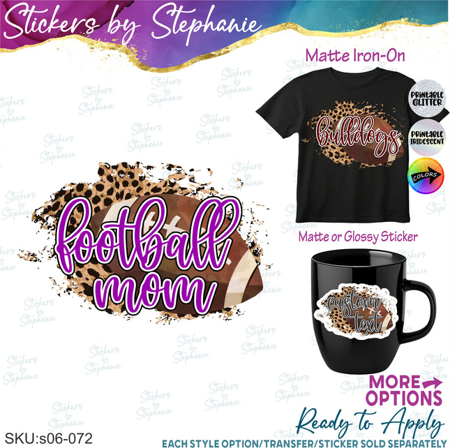 (s06-072) Football Leopard Team Name Text Custom Iron-On Transfer or Sticker