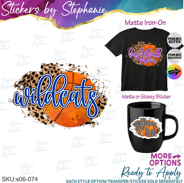 (s06-074) Basketball Leopard Team Name Text Custom Iron-On Transfer or Sticker
