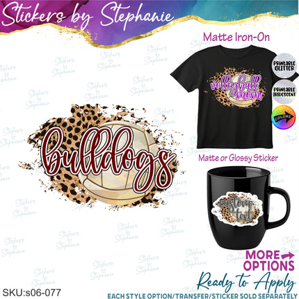 (s06-077) Volleyball Leopard Team Name Text Custom Iron-On Transfer or Sticker