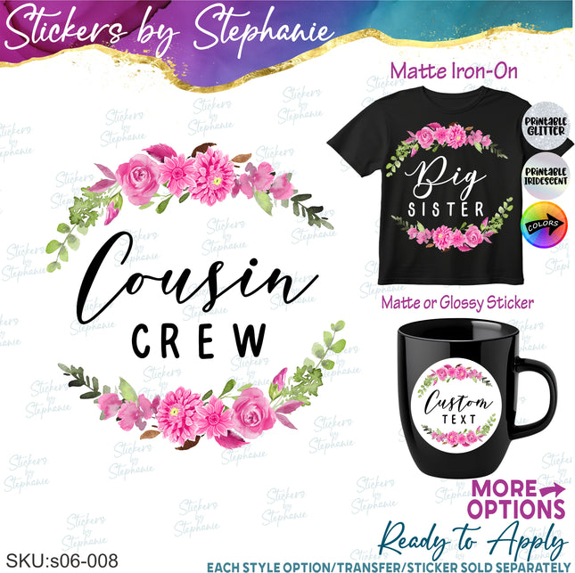 (s06-008) Dahlia Floral Wreath Custom Text Iron-On Transfer or Sticker