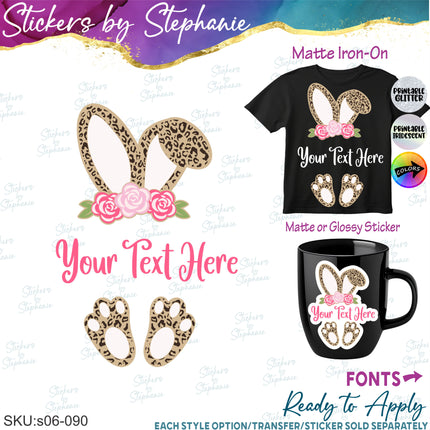 (s06-090) Leopard Print Bunny Rabbit Split Name Text Custom Iron-On Transfer or Sticker