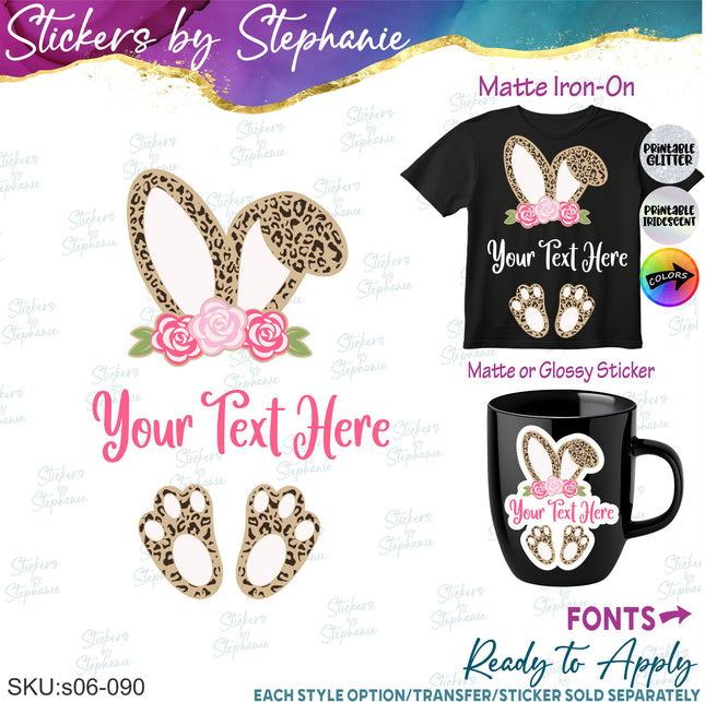 (s06-090) Leopard Print Bunny Rabbit Split Name Text Custom Iron-On Transfer or Sticker