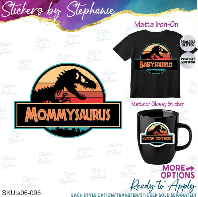 (s06-095) Retro Sunset Dinosaur Logo Family Custom Iron-On Transfer or Sticker