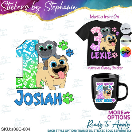 (s06C-004) Puppy Pals Age Number Name Custom Iron-On Transfer or Sticker