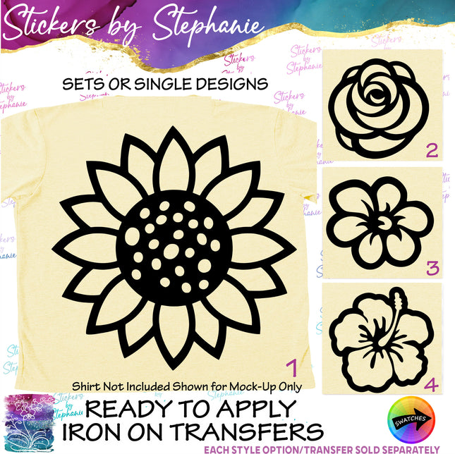 (s01-010) Sunflower, Daisy, Rose, Hibiscus Flower Iron-On Transfer
