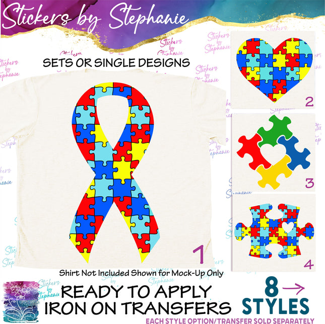 (s01-106) Autismn Puzzle Ribbon, Piece, Crown Iron-On Transfer