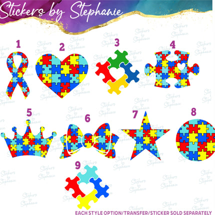 (s01-106) Autismn Puzzle Ribbon, Piece, Crown Iron-On Transfer