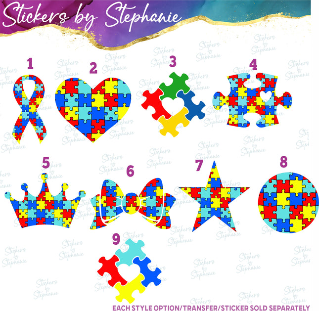 (s01-106) Autismn Puzzle Ribbon, Piece, Crown Iron-On Transfer