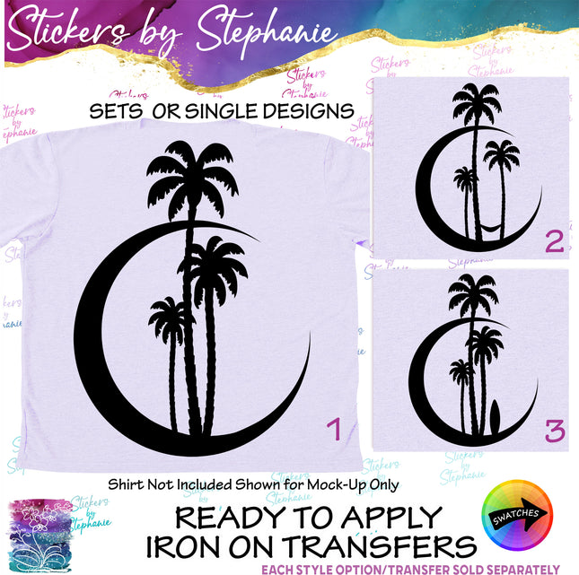 (s01-116) Crescent Moon, Palm Trees Iron-On Transfer