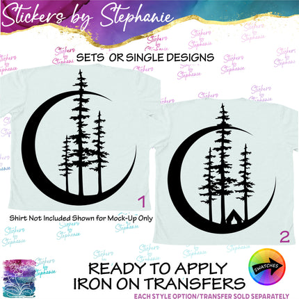 (s01-117) Crescent Moon, Pine Trees Iron-On Transfer