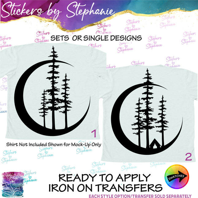 (s01-117) Crescent Moon, Pine Trees Iron-On Transfer
