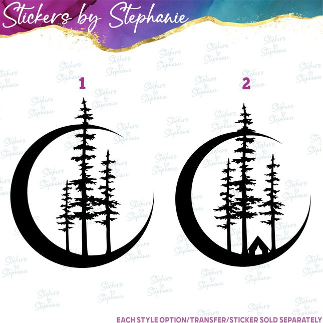 (s01-117) Crescent Moon, Pine Trees Iron-On Transfer