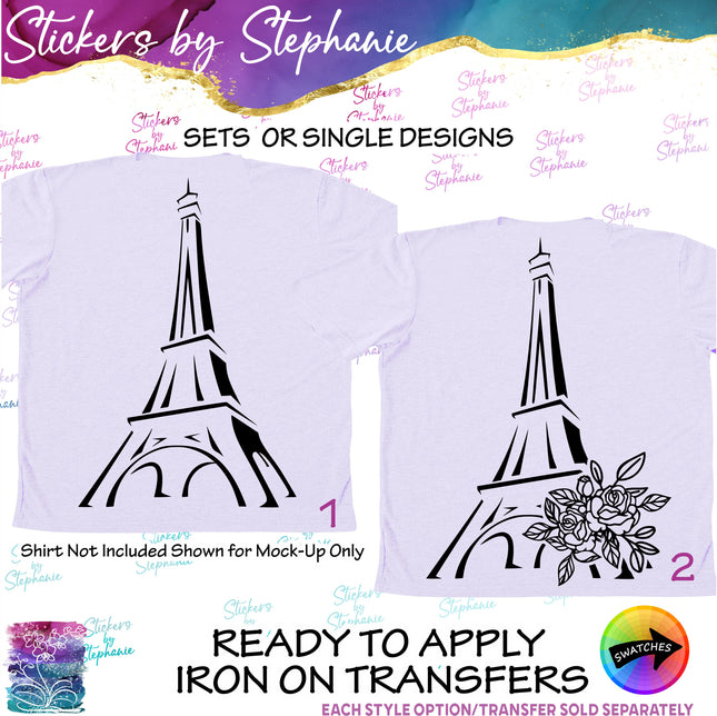 (s01-121) Eiffel Tower, Flowers Iron-On Transfer
