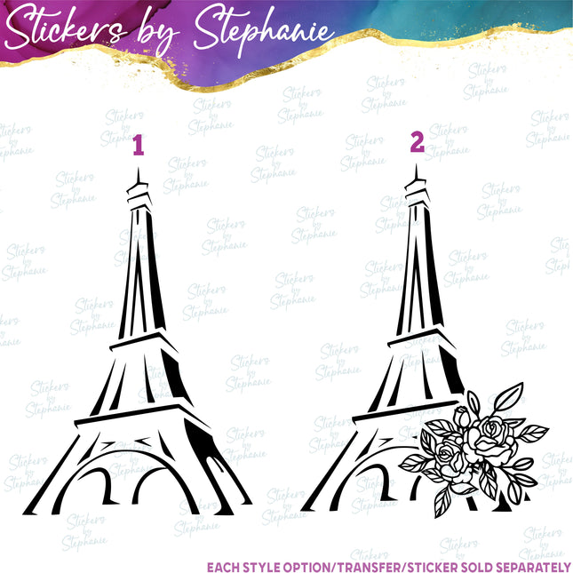 (s01-121) Eiffel Tower, Flowers Iron-On Transfer