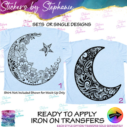 (s01-135) Crescent Moon Zentangle Iron-On Transfer or Sticker