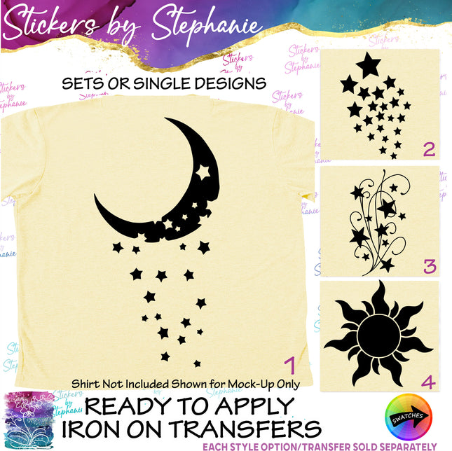 (s01-136) Moon Falling, Shooting Stars, Sun Iron-On Transfer