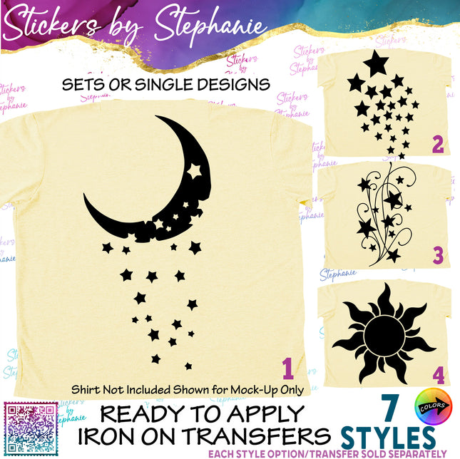 (s01-136) Moon Falling, Shooting Stars, Sun Iron-On Transfer