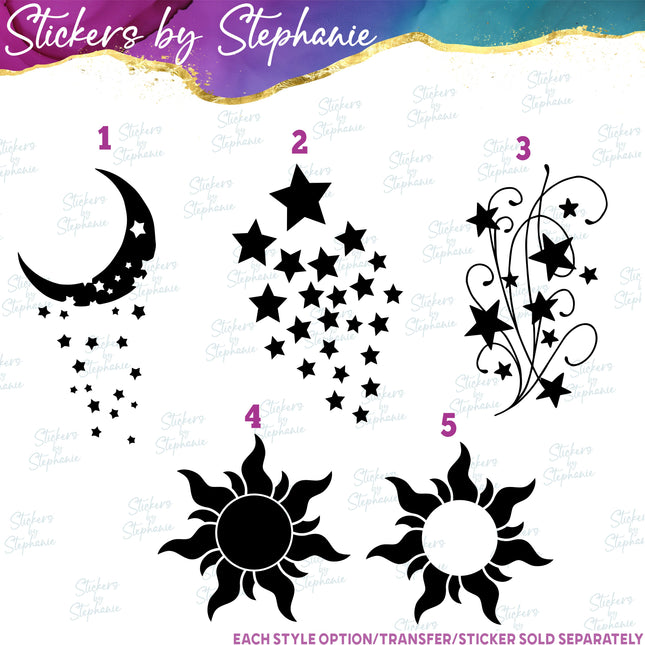 (s01-136) Moon Falling, Shooting Stars, Sun Iron-On Transfer