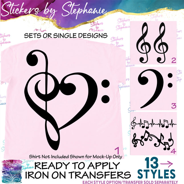 (s01-139) Music Notes, Trebel Clef, EKG Iron-On Transfer