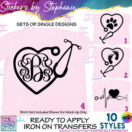 (s01-141) Stethoscope, Nurse, Doctor Monogram Frame Iron-On Transfer