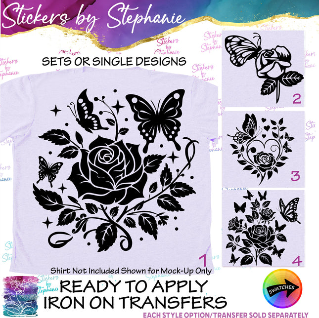 (s01-015) Roses Butterfly Flowers Iron-On Transfer