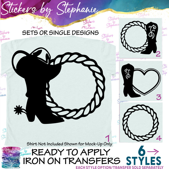 (s01-170) Cowboy Boot, Hat, Rope Monogram Frame Iron-On Transfer