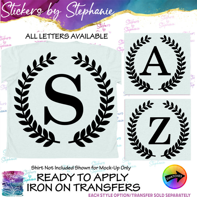 (s01-178) Laurel Wreath Block Monogram Letter Iron-On Transfer