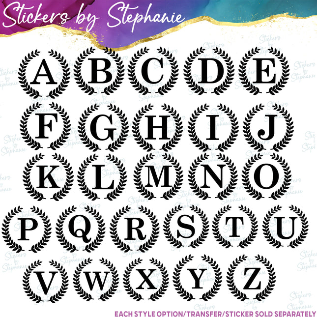 (s01-178) Laurel Wreath Block Monogram Letter Iron-On Transfer