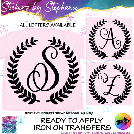 (s01-180) Laurel Wreath Script Monogram Letter Iron-On Transfer