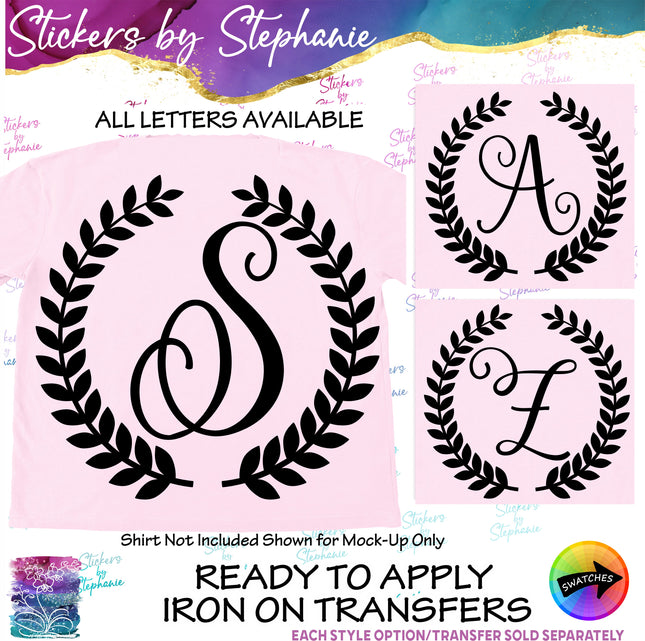 (s01-180) Laurel Wreath Script Monogram Letter Iron-On Transfer