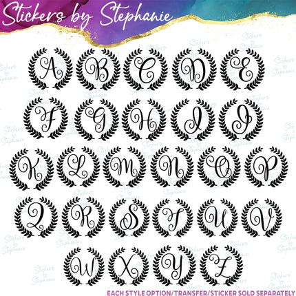 (s01-180) Laurel Wreath Script Monogram Letter Iron-On Transfer