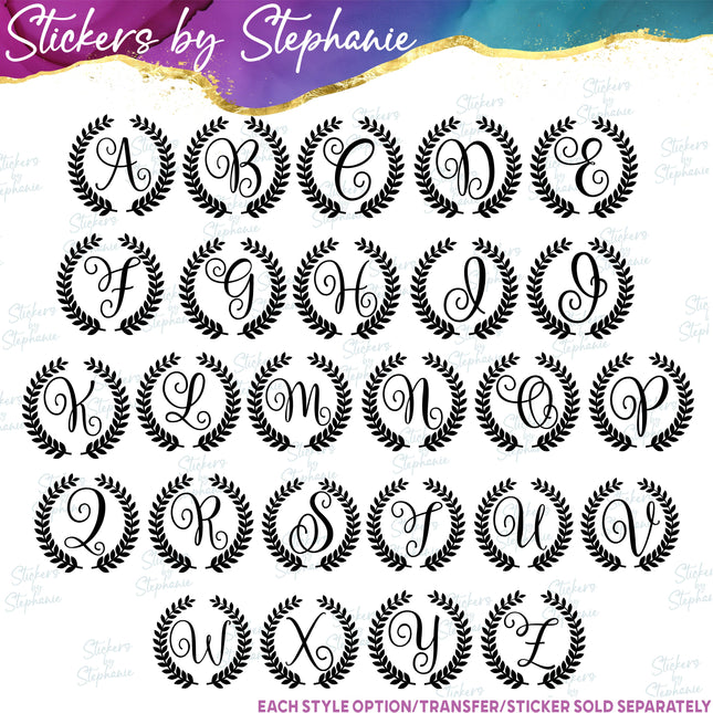 (s01-180) Laurel Wreath Script Monogram Letter Iron-On Transfer