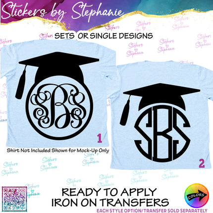 (s01-185) Graduation Cap Monogram Frame Iron-On Transfer