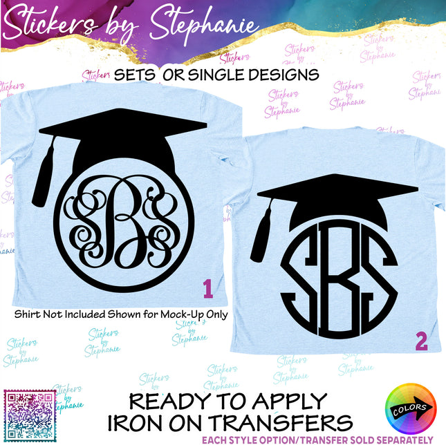 (s01-185) Graduation Cap Monogram Frame Iron-On Transfer