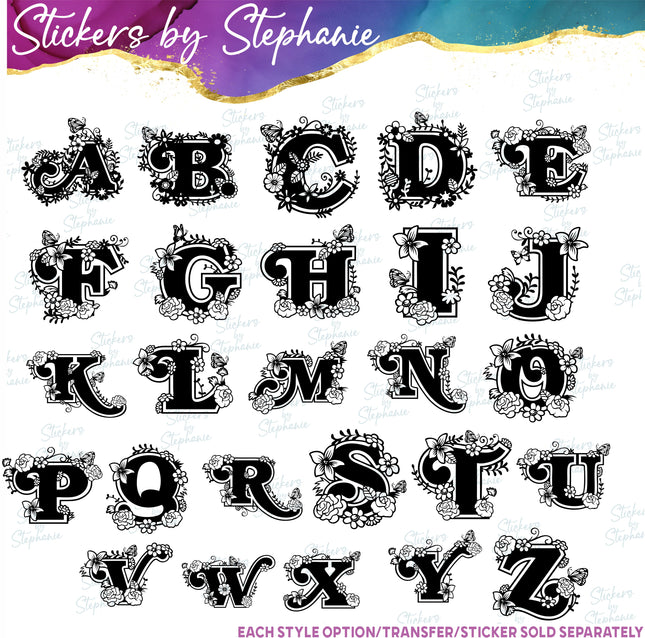 (s01-190) Floral Flower Butterfly Monogram Letter Iron-On Transfer