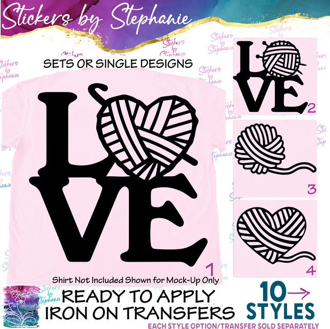 (s01-199) Knitting, Crochet, Love Yarn Heart Iron-On Transfer