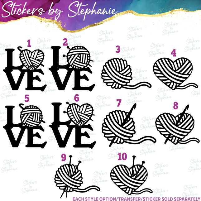 (s01-199) Knitting, Crochet, Love Yarn Heart Iron-On Transfer