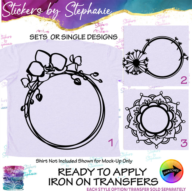 (s01-002) Orchid, Dandelion, Mandala Flower Monogram Frame Iron-On Transfer